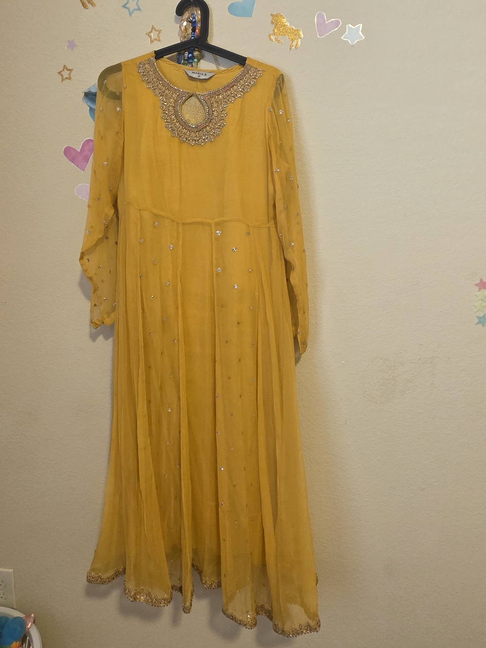 Embellished Mustard Long-Sleeve Evening Dress